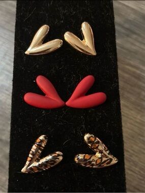 Trio of heart V-Shaped Stud Earring Sets in Gold, Red, and Leopard Print
